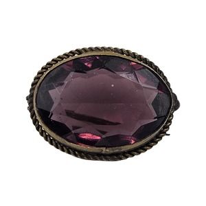 Antique Czech Oval Purple Amethyis Glass Brass Pin Brooch 1900s